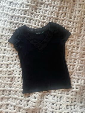 Ralph Lauren Black Short Sleeve V-Neck Top with Lace Trim